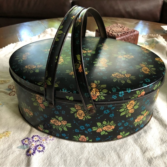 Antique Other - Antique Sewing Box/ Cookie Tin w/ Handles Black with Floral Design.